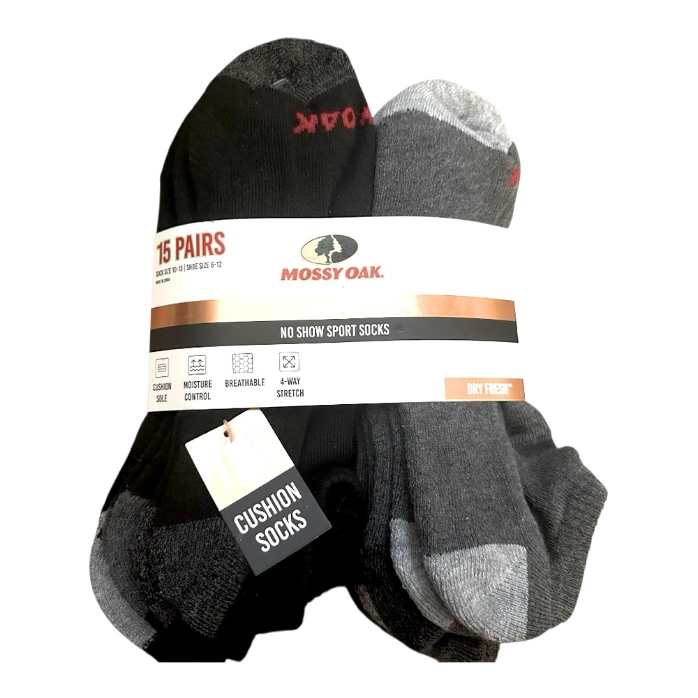 NWT Mossy Oak 15 Pairs Cushion No Show Sport Socks Shoe Size6-12,Socks Size10-13